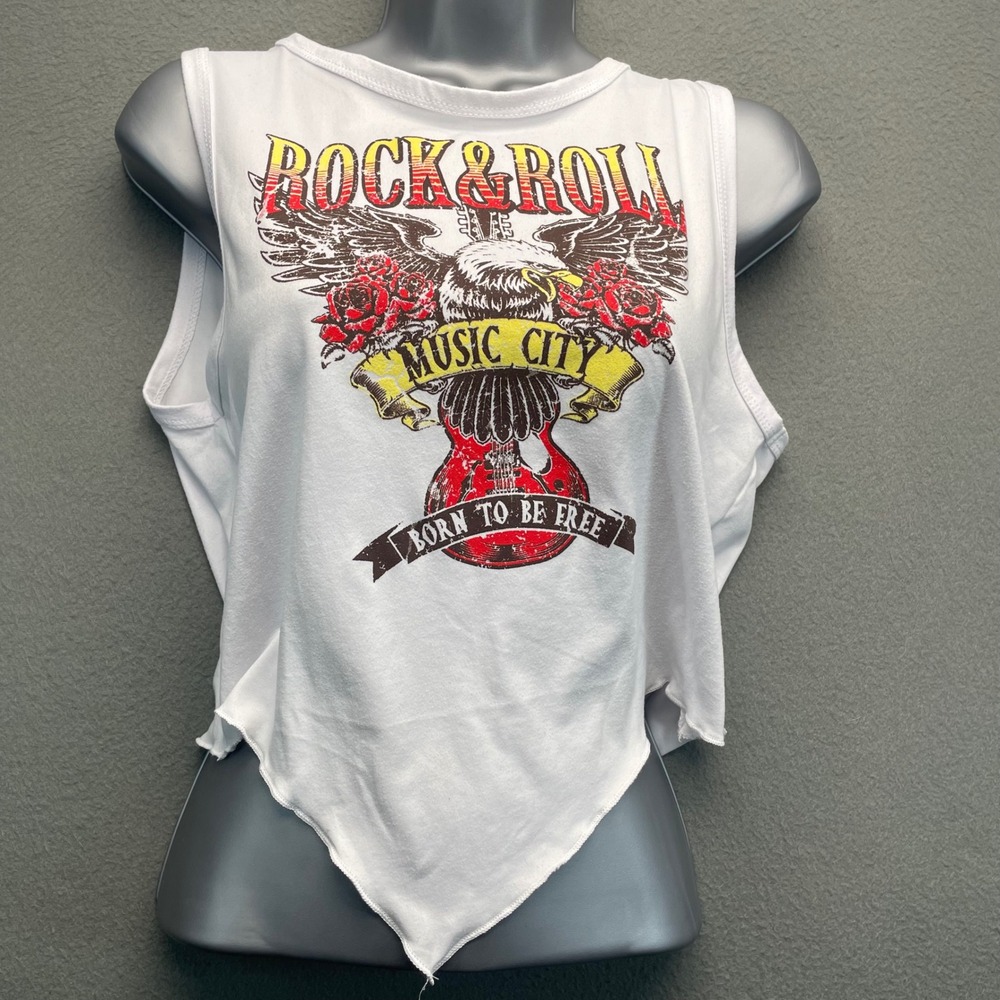 Julia by Love J Rock & Roll Muscle Tank Women Large White Good Graphic AA335